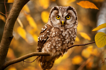 AI Generated image of a Northern Saw-whet Owl perched on a tree branch surrounded by golden autumn leaves.