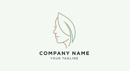 Elegant Womans Face with Leaf Hairline Logo Design.