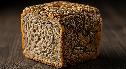 Whole grain multigrain bread loaf with seeds on wood