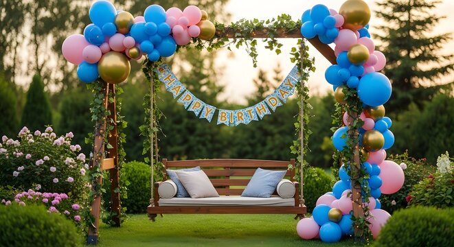 Birthday balloons swing garden party celebration event decoration festive outdoor happy banner