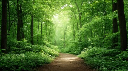 Fototapeta premium Sunlight Filtering Through a Lush Forest Canopy Creating a Serene Pathway in Nature's Green Embrace Surrounded by Vibrant Foliage and Tranquil Vibes