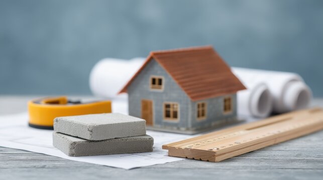 Model house construction scene with ruler, tape measure, bricks, and architectural plans arranged on a wooden table for design and building projects