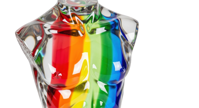 Rainbow torso sculpture: A vibrant glass art piece.