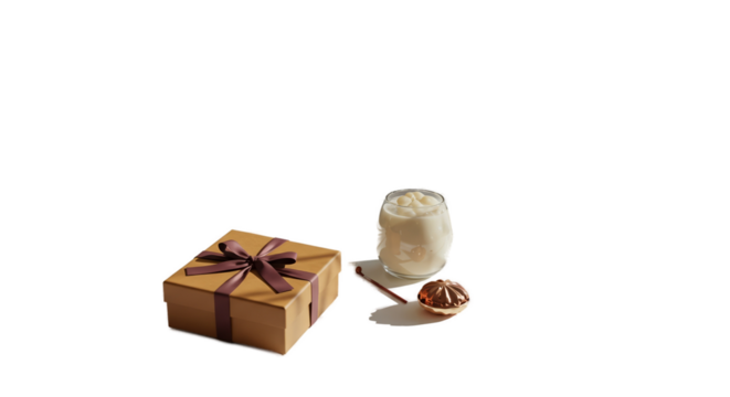 3D Gift Box With Ribbon Beside Sweet Dessert And Creamy Drink