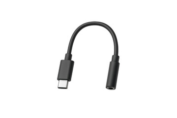 Usb-c to 3.5mm jack adapter featuring a black cable, enabling audio output for devices with a transparent background