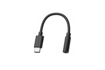Usb-c to 3.5mm jack adapter featuring a black cable, enabling audio output for devices with a transparent background