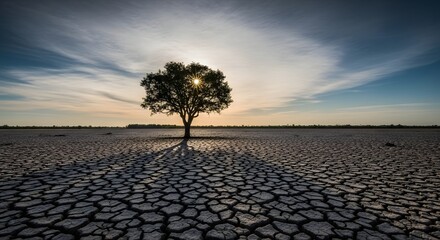 Lone tree standing on cracked dry earth with sun setting behind it