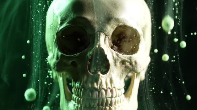 A human skull immersed in a mysterious green liquid with bubbles. The close-up view provides a sense of the macabre