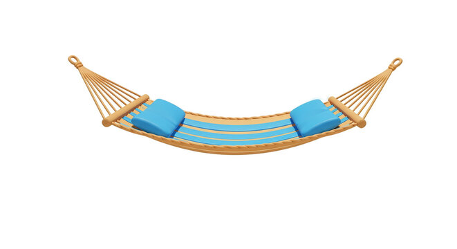 3D Hammock With Blue Pillows on Beach Sand Sunset Gradient Background
