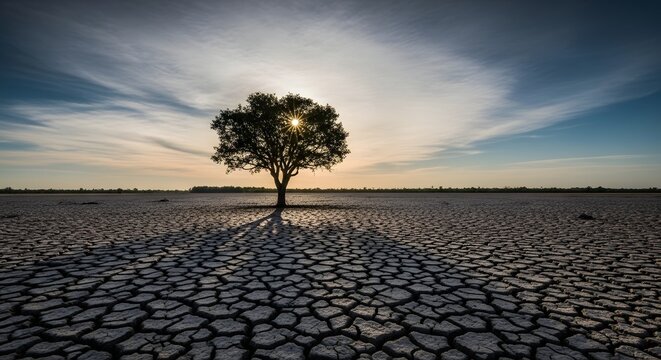 Lone tree standing on cracked dry earth with sun setting behind it