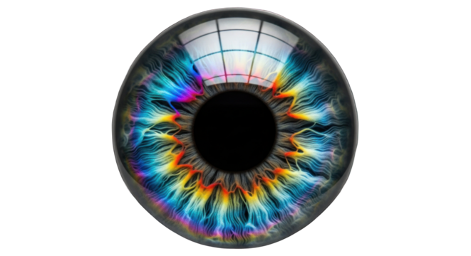 Close-up of a vibrant multicolored human eye with a black pupil reflecting light on a white background.
