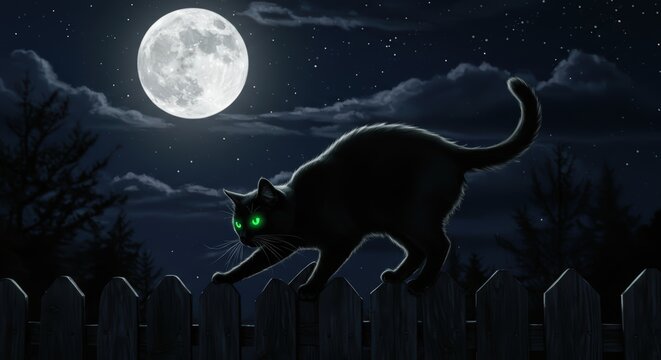 A black cat with glowing green eyes, arching its back on a fence under a full moon. - Powered by Adobe