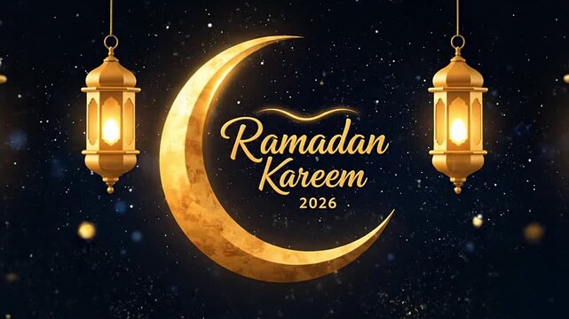 Ramadan Kareem 2026 Golden Crescent and Lanterns Animation