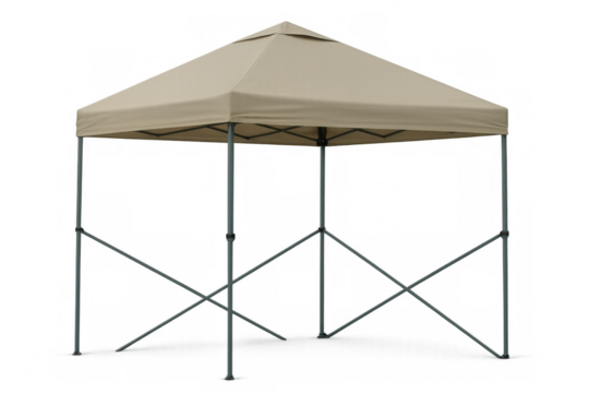 Beige pop up gazebo providing temporary shade, shelter, and protection for outdoor events, isolated background