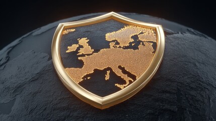 Golden Protective Shield Icon Over Europe Rendered in 3D with a Detailed Earth Texture and Topaz Lighting Effects for Digital Backgrounds or Security Themes