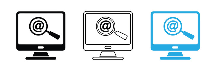 Find email addresses with computer search graphic, easy vector design.Email search on computer isolated on white background for communication