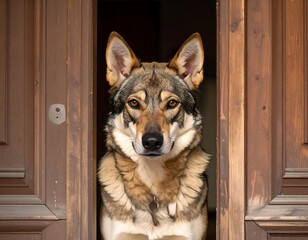 Wolfdog peering intently from a doorway