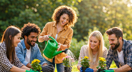 Young adults having fun and collaborating outdoors while enjoying nature and working on a community garden project