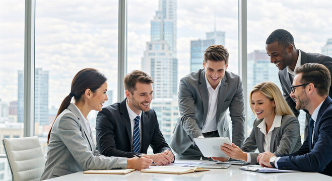 Smiling diverse business team collaborating around a table with a tablet in a modern city office