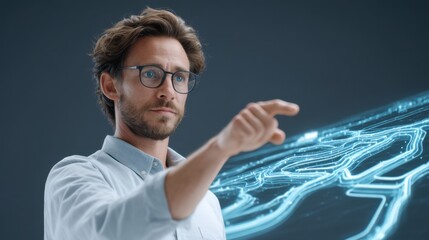 Supervisor Analyzing 3D Hologram in Warehouse Environment for Innovative Technology Solutions and Team Management Strategies