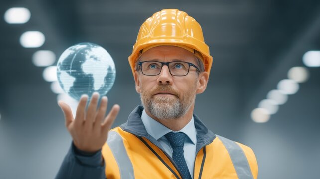 Professional Warehouse Supervisor Analyzing 3D Hologram of Earth in Modern Distribution Center Environment - Powered by Adobe