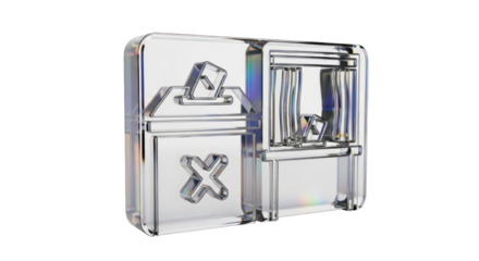 Transparent voting booth with ballot box and curtains.