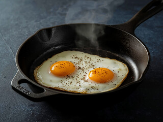 Two sunny-side eggs in a cast-iron skillet on the stovetop, light steam rising, simple home breakfast scene with pepper and oil.