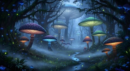 Enchanted forest mushrooms glow fantasy art magical nature fairytale surreal dreamscape mystical woods scene
