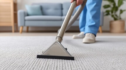 Industrial Carpet Cleaner Deep Cleaning Gray Carpet with Professional Equipment in Modern Living Room