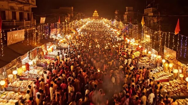 Aerial View of Diwali Celebration Vibrant Crowd, Market Stalls, and Festive Lights Illuminate India s Culture