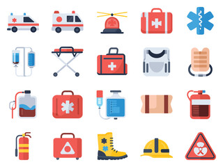 Obraz premium A diverse collection of emergency medical icons representing safety and health care.
