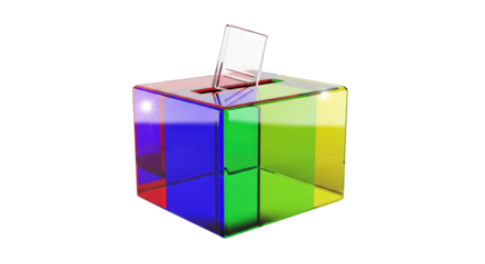 Transparent colorful voting box with a slot for ballots.