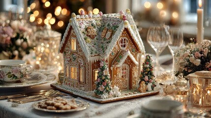 a beautifully decorated gingerbread house on a festive winter table generative ai