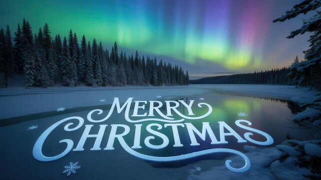 Magical northern lights aurora borealis over snowy landscape with merry christmas greeting - Powered by Adobe