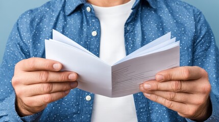 Thoughtful man engaged in deep reading holding open book gaining knowledge and understanding.