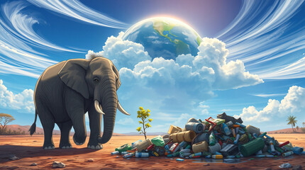 Elephant and dried up water hole filled with plastic