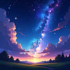 Pastel landscape, vibrant sky, milky way