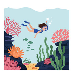 Colorful 2D flat vector illustration of a young snorkeler swimming above a vibrant tropical coral reef and lush seaweed garden on a clean white background.