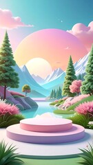 Pastel landscape with a circular podium