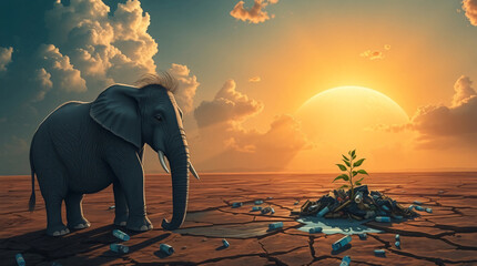 Elephant and dried up water hole filled with plastic