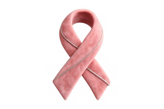 Pink velvet ribbon symbolizing breast cancer awareness, support, and hope with silver trim on a transparent background