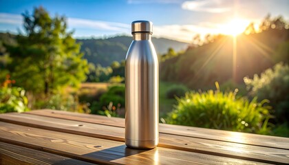 Durable Metal Water Bottle on Wooden Table in Sunny Outdoor Setting