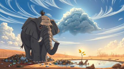 Elephant and dried up water hole filled with plastic