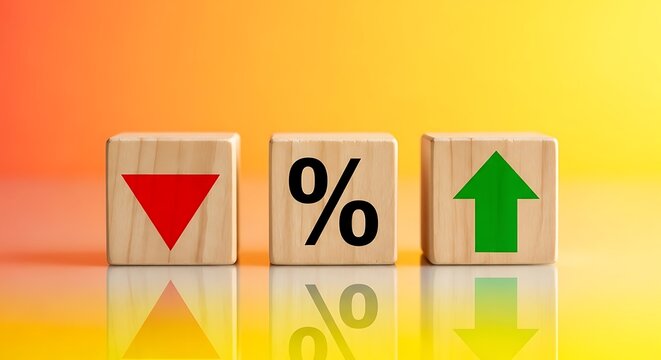 Wooden blocks with down arrow, percentage sign, and up arrow on a vibrant yellow and orange gradient background