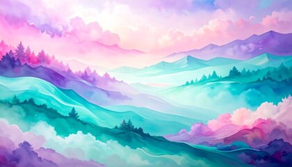 Pastel mountain landscape, dreamy clouds