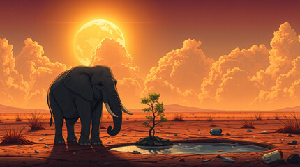 Elephant and dried up water hole filled with plastic