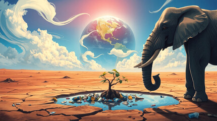 Elephant and dried up water hole filled with plastic