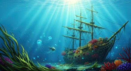 Sunlit Underwater Sunken Ship and Fantasy Coral Garden with Tropical Fish and Jellyfish
