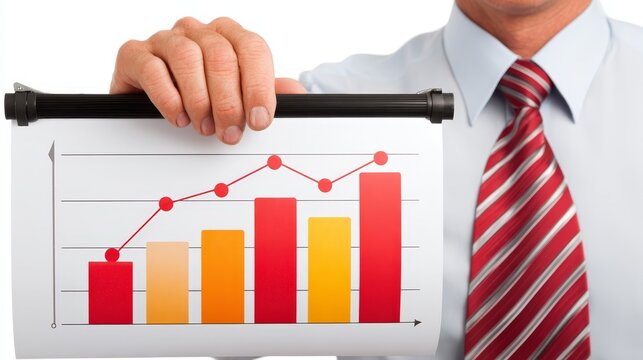Professional man presenting bar chart on paper analyzing business data and demonstrating statistical growth insights.