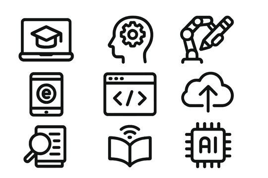 Set of 9 black flat icons showing tech learning elements such as AI chip, laptop, coding, and cloud, ideal for education and research projects.